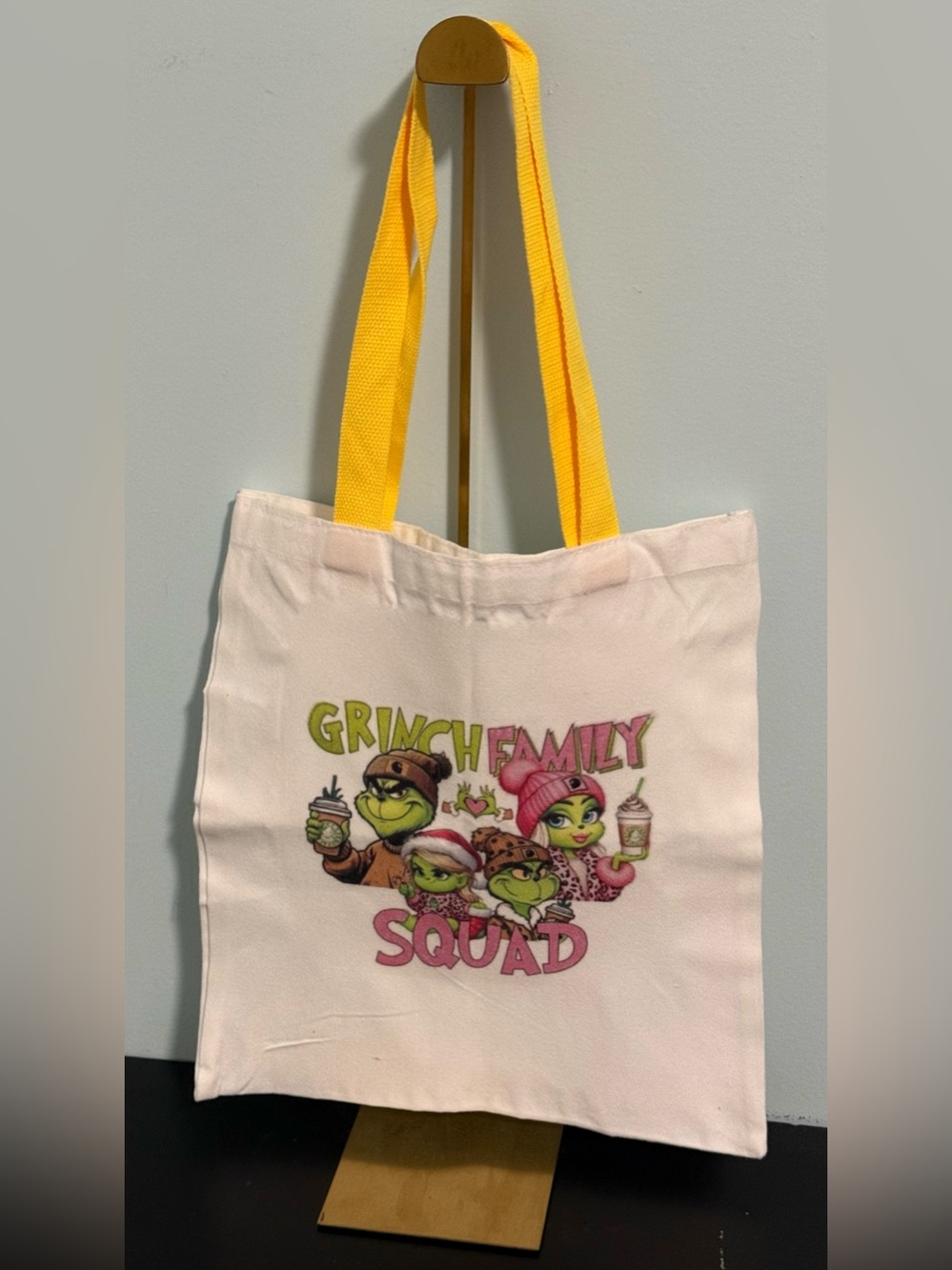 “Grinch Family Squad” Cream Canvas Tote Bag with bright Yellow Handles! NWOT